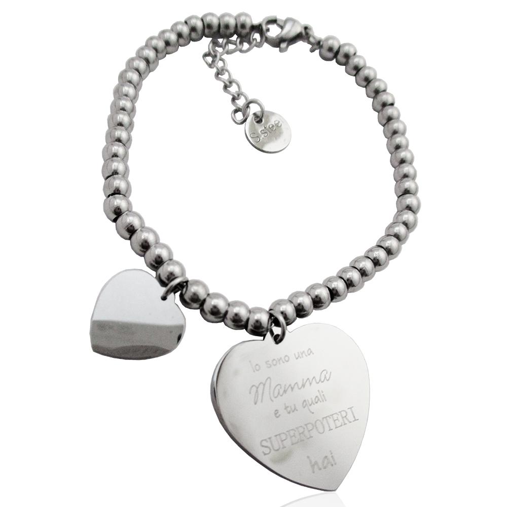 Bracciale rolo' con sfere da 4 mm in acciaio con cuori centrali con frase per la mamma