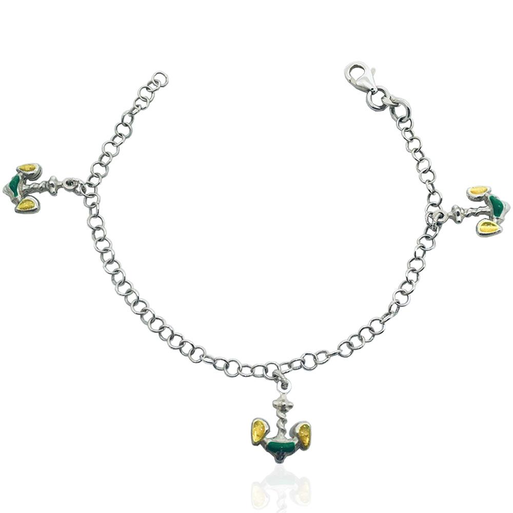 Bracciale rolo' mm 3 in argento titolo 925 con charms ancora smaltata verde e giallo glitterato