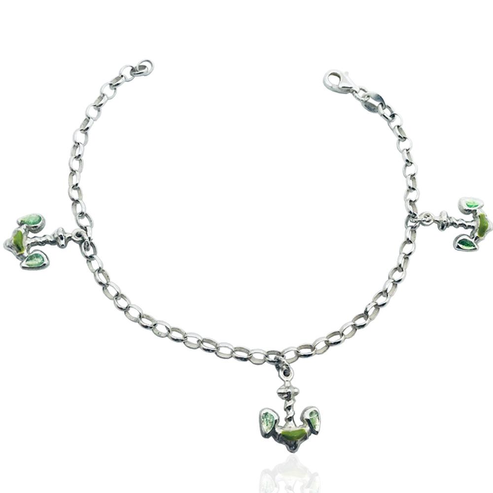 Bracciale rolo' mm 3 in argento titolo 925 con charms ancora smaltata verde
