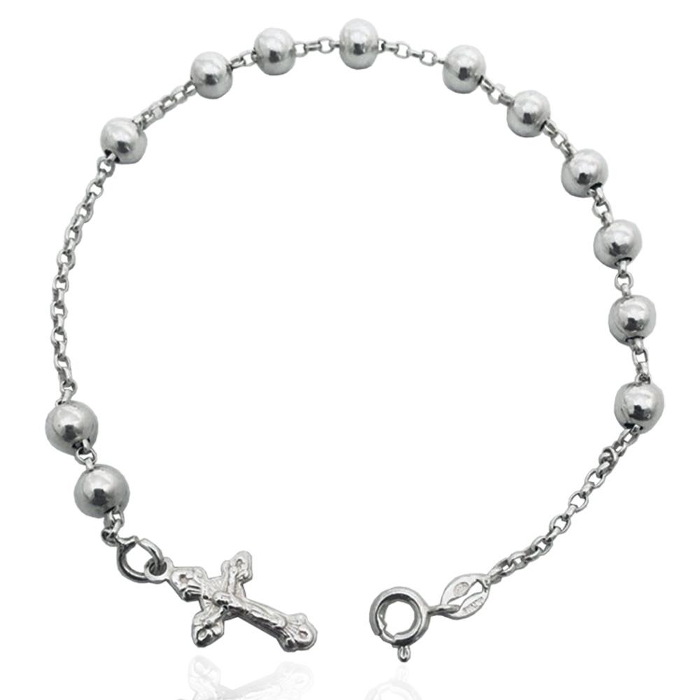 Bracciale rosario catena rolo' cm 19 in argento 925 con pallina liscia da mm 5 e con croce microfusa