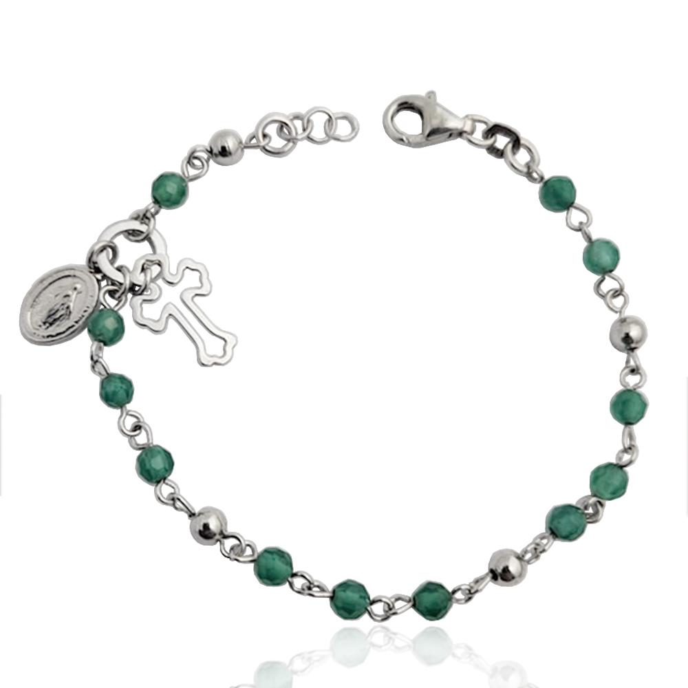 Bracciale rosario cm 19 in argento 925 rodiato con croce e madonna miracolosa e grani verdi da 4 mm