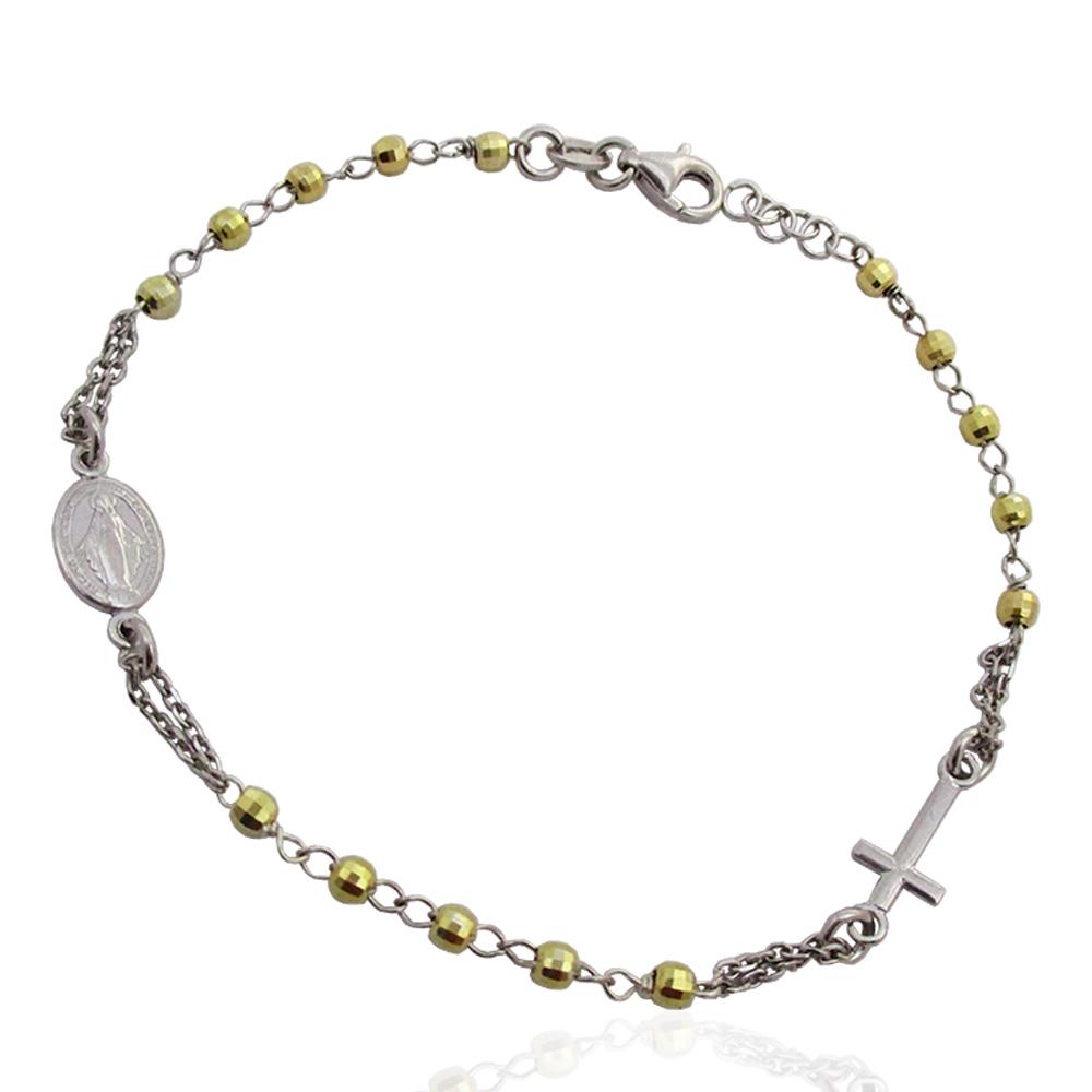 Bracciale rosario a giro totale rodiato cm 21 con pallina faccettata mm 3 in argento 925 placcato oro giallo