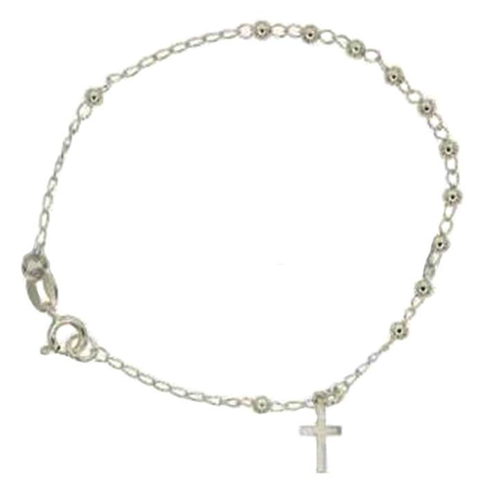 Bracciale rosario in argento 925 con pallina liscia mm 3 e croce a ciondolo