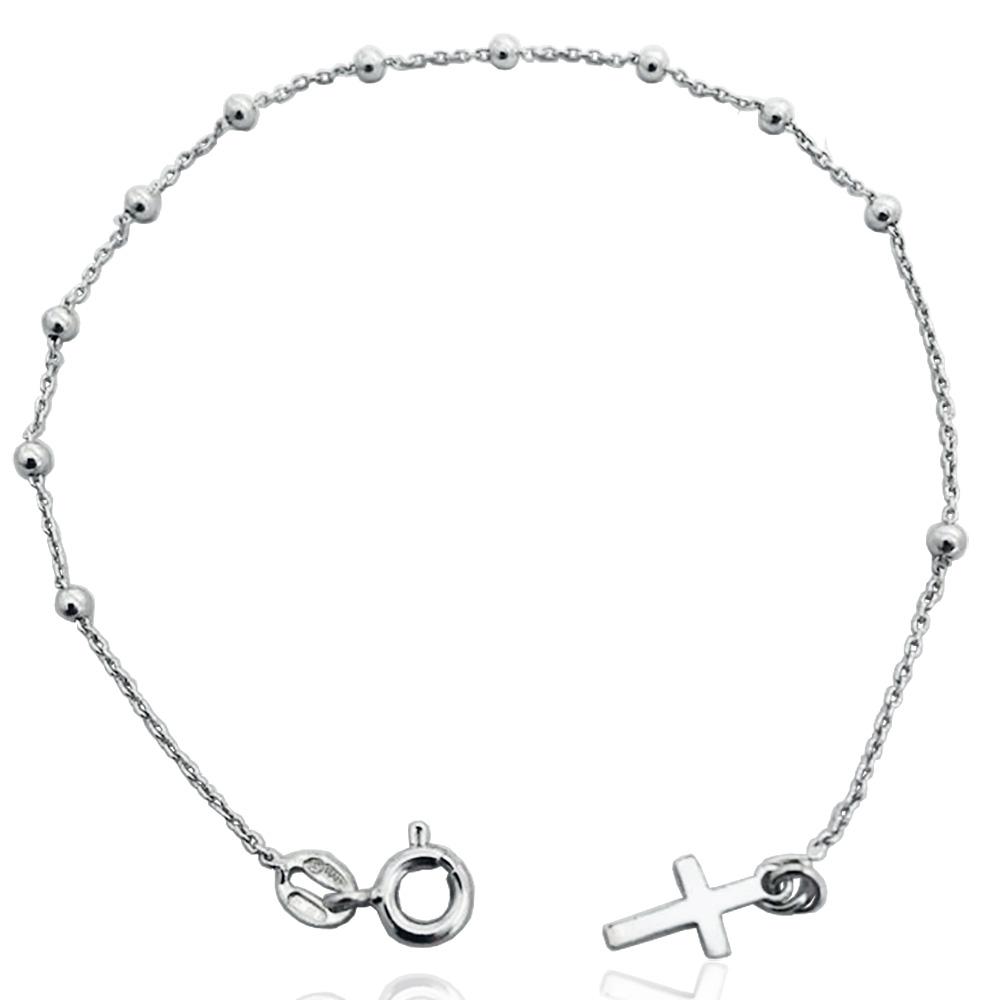 Bracciale rosario forzatina cm 19 in argento 925 con pallina liscia mm 2,5 e croce mm 12x6