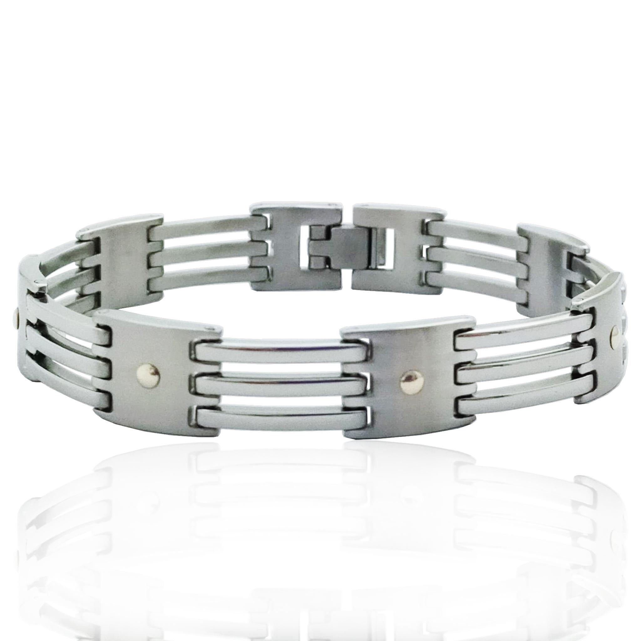 Bracciale uomo semirigido in acciaio lucido satinato con applicazioni in oro giallo 18k