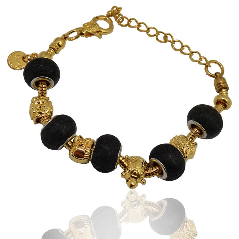 Bracciale donna snake in acciaio placcato oro cm 16-22 con ciondoli tondo nero, sole, tartaruga, gufo