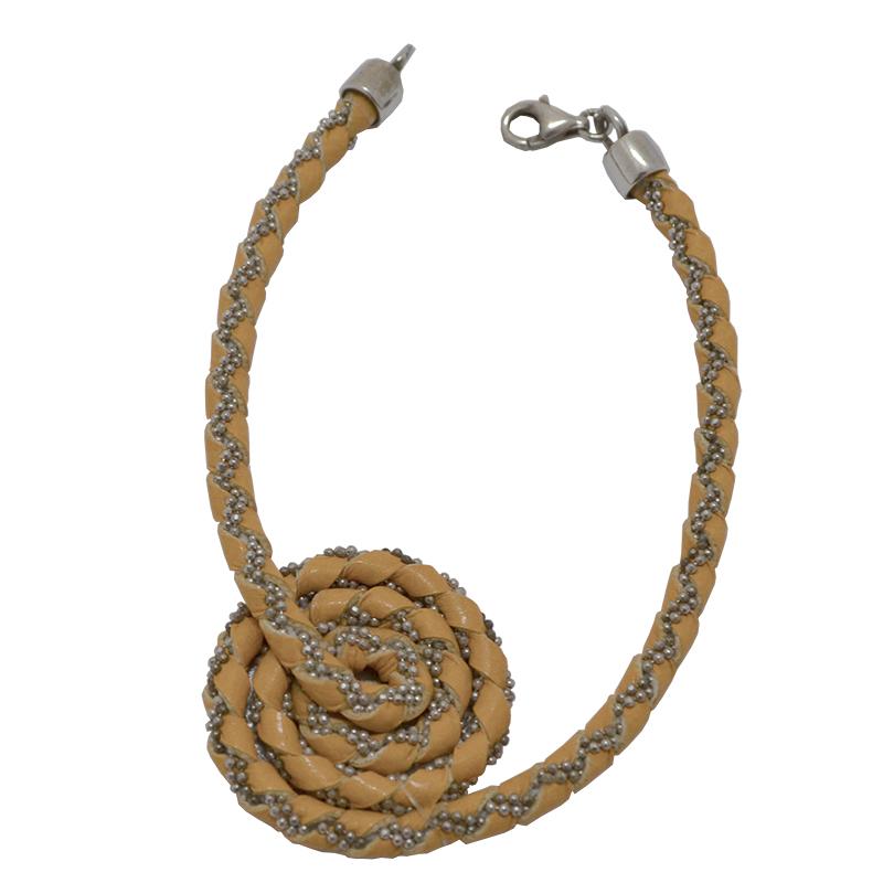 Bracciale spirale in pelle gialla con catena a pallina in argento titolo 925 rodiato
