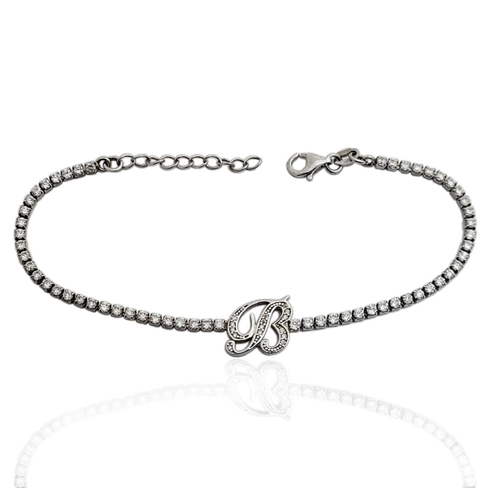 Bracciale tennis con lettera b in argento 925 rodiato e zirconi bianchi in taglio brillante