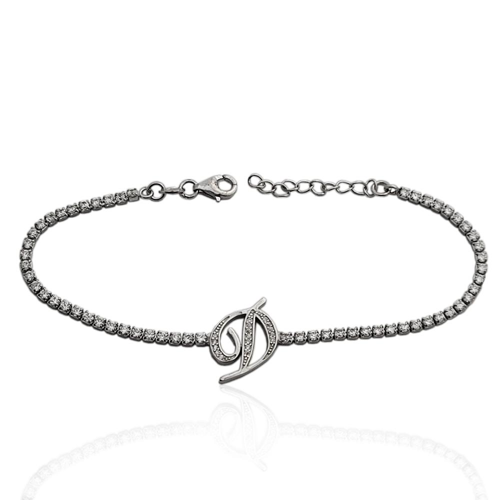 Bracciale tennis con lettera d in argento 925 rodiato e zirconi bianchi in taglio brillante cm 17-20
