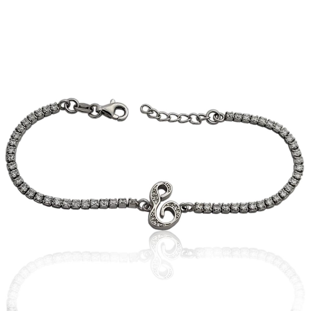 Bracciale tennis con lettera e in argento 925 rodiato e zirconi bianchi in taglio brillante cm 17-20