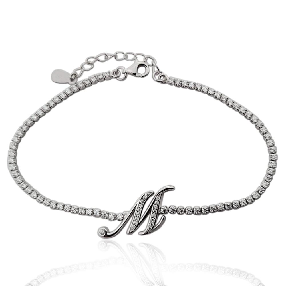 Bracciale tennis con lettera m in argento 925 rodiato e zirconi bianchi in taglio brillante cm 17-20