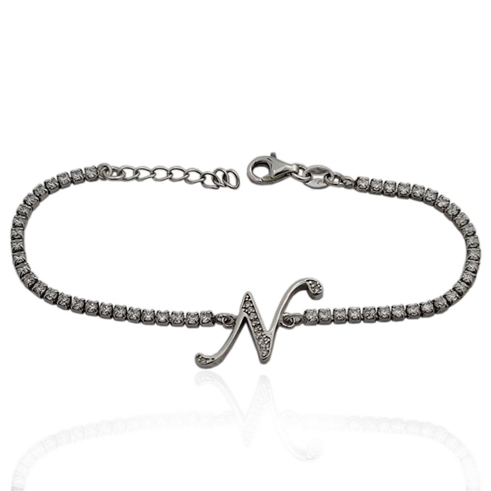 Bracciale tennis con lettera n in argento 925 rodiato e zirconi bianchi