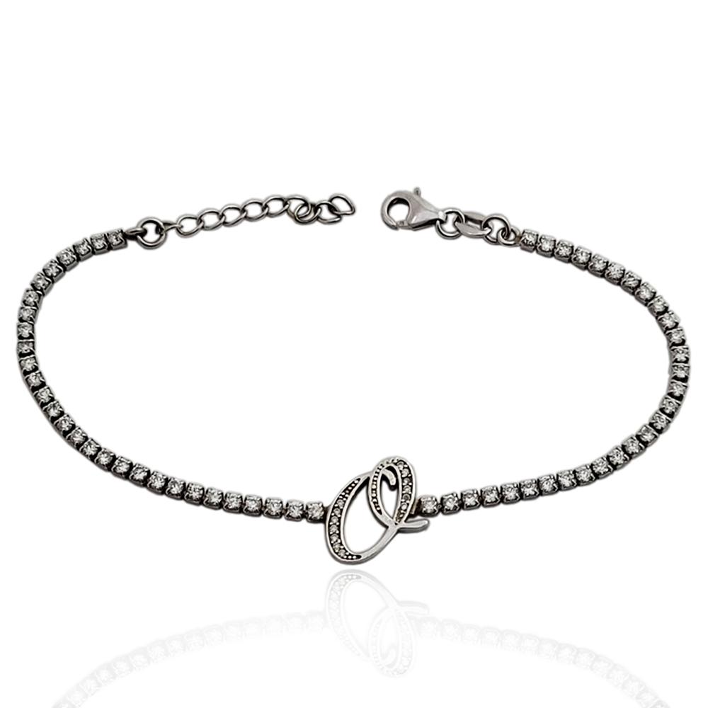 Bracciale tennis con lettera o in argento 925 rodiato e zirconi bianchi