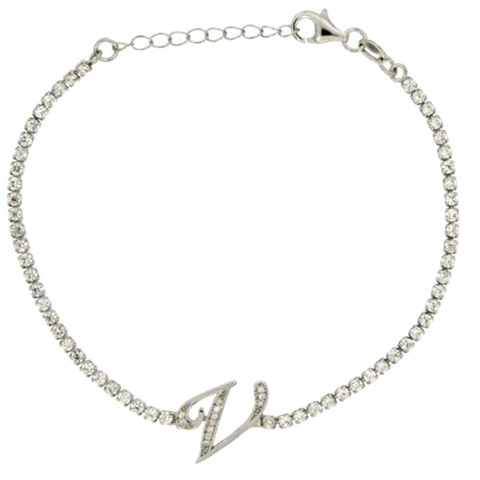Bracciale tennis con lettera v in argento 925 rodiato e zirconi bianchi in taglio brillante cm 17-20