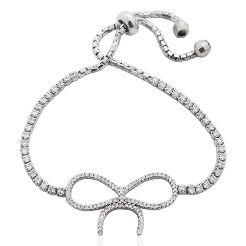 Bracciale tennis fiocco con zirconi bianchi in argento 925 rodiato con chiusura a cappio