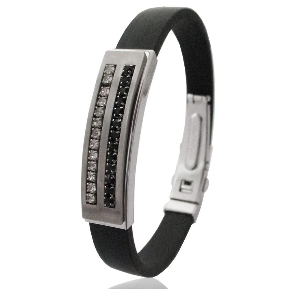 Bracciale tennis in acciaio con strass bianco e neri cinturino in caucciu' chiusura deployante