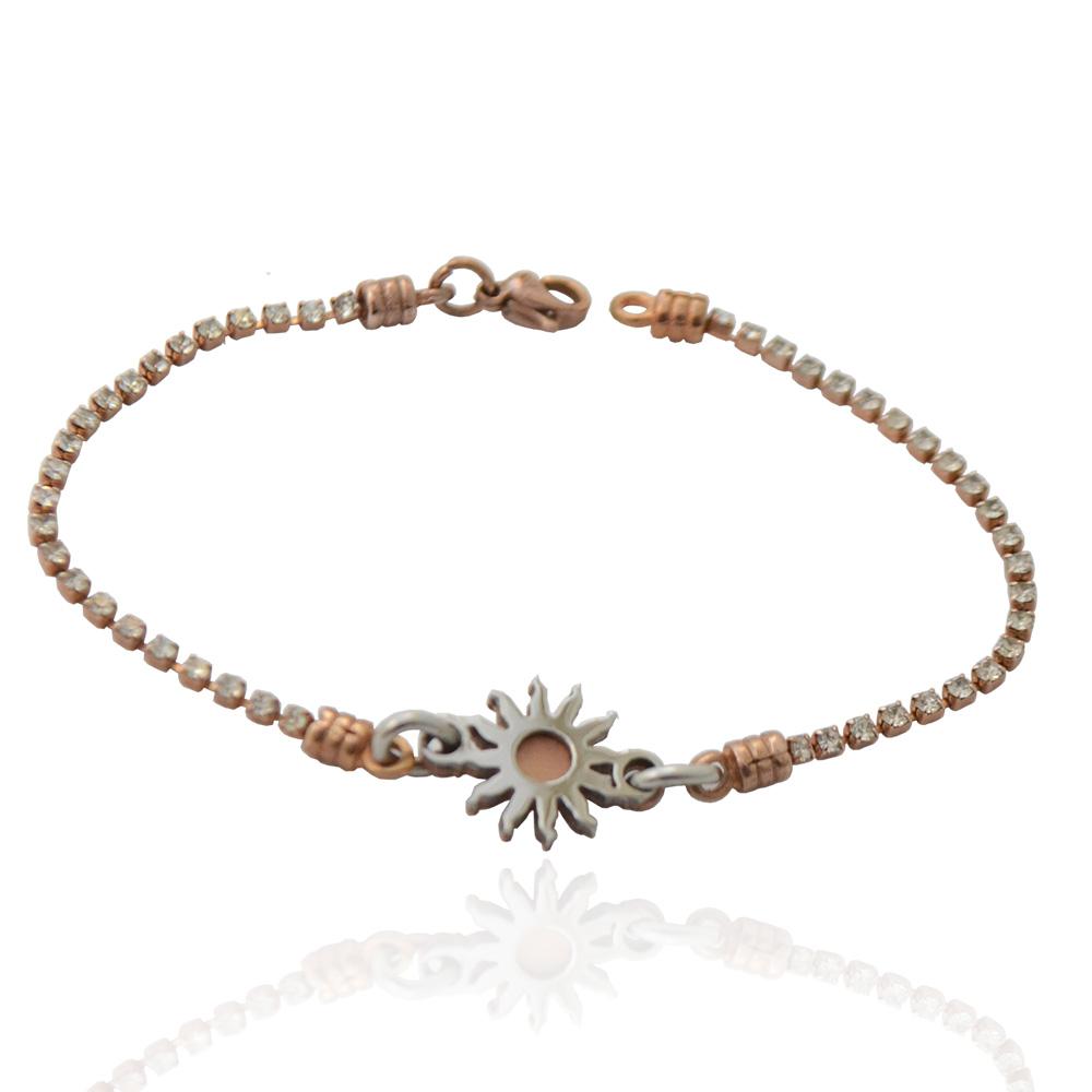 Bracciale tennis in acciaio placcato oro rosa con sole centrale e strass bianchi