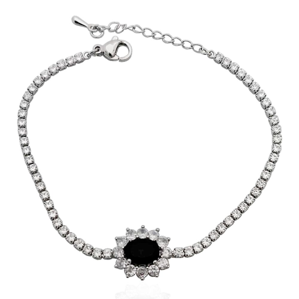 Bracciale tennis kate placcato rodio con strass bianchi e centrale nero