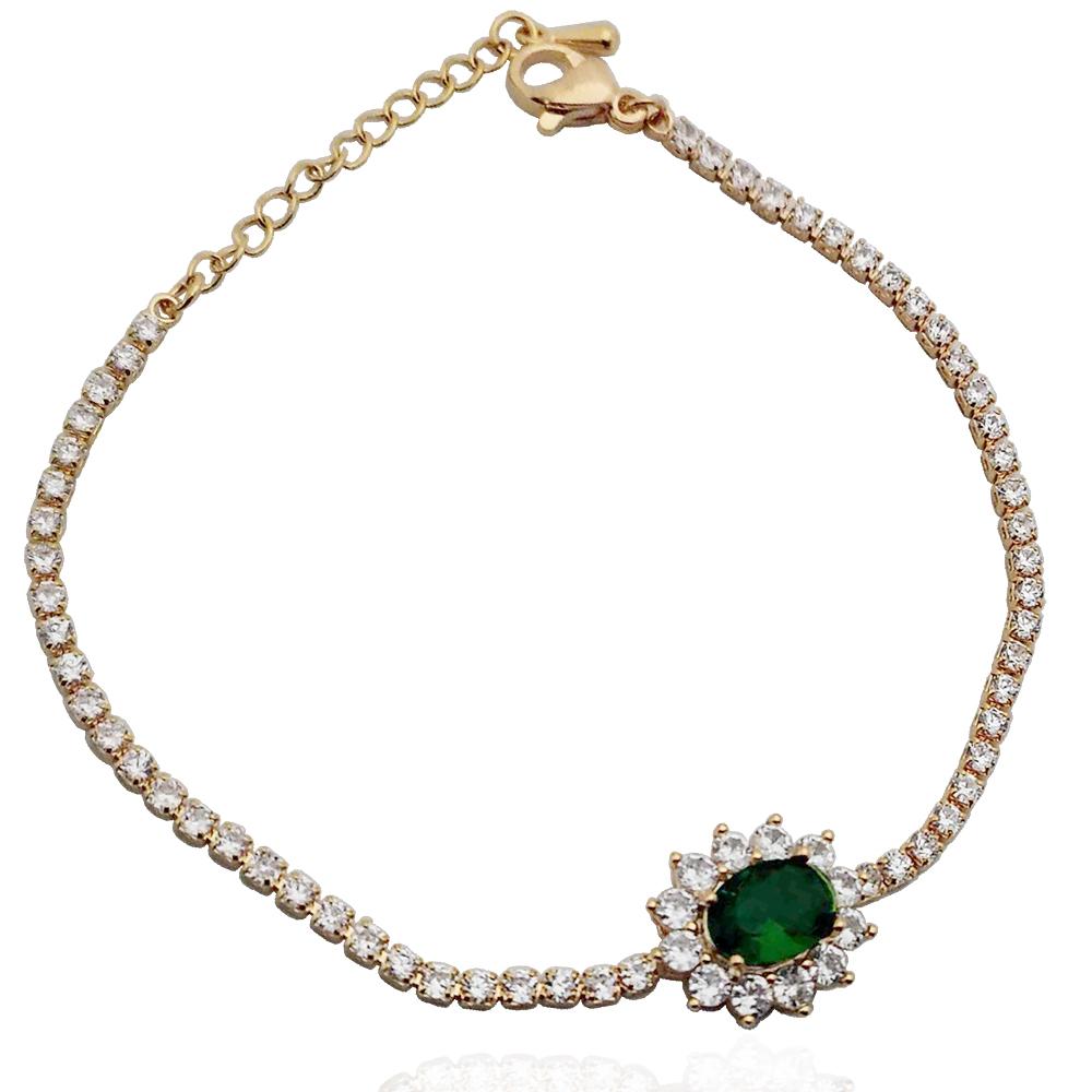 Bracciale tennis kate placcato oro con strass bianchi e centrale verde
