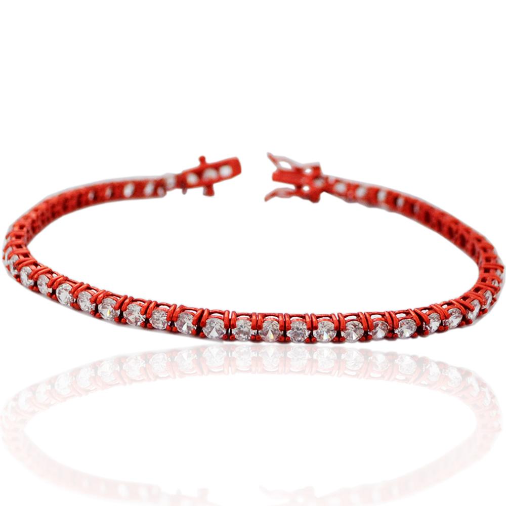 Bracciale tennis mm 3 in argento galvanico rosso titolo 925 con zirconi bianchi cm 19