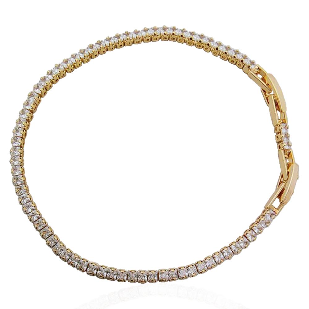 Bracciale tennis unisex mm 2,5 placcato oro con strass bianchi doppia chiusura cm 18-20