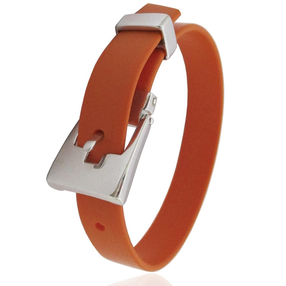 Bracciale unisex con cinturino in caucciù' arancione con passante e chiusura a fibbia in argento massiccio rodiato titolo 925