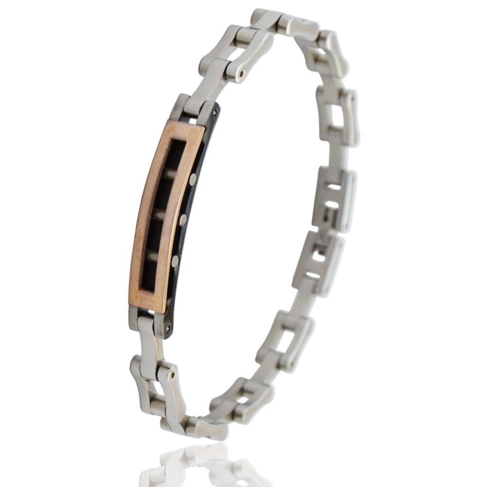 Bracciale uomo bike in acciaio lucido mm 7 con targa centrale placcato rutenio e oro rosa cm 21