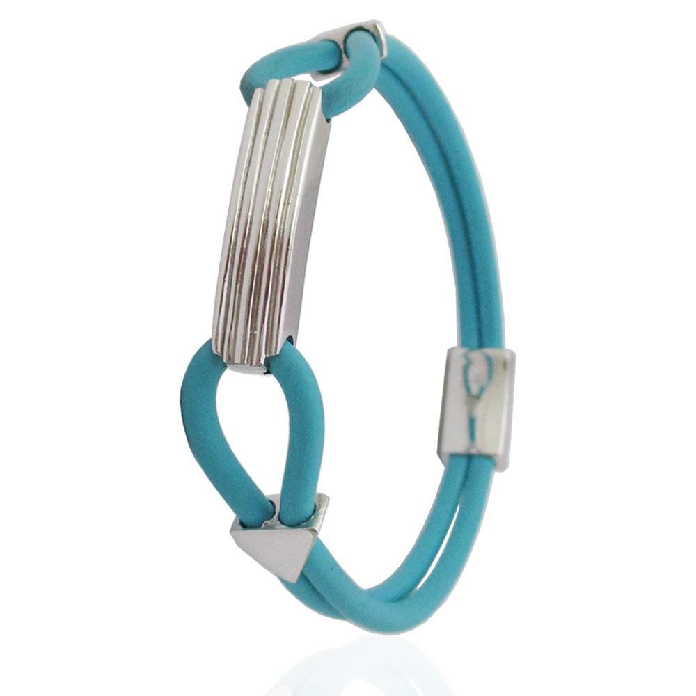Bracciale per uomo con cinturino in caucciù turchese con targa centrale inserti e chiusura in argento massiccio titolo 925
