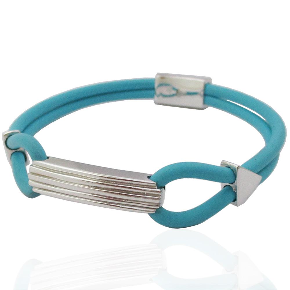 Bracciale per uomo con cinturino in caucciù turchese con targa centrale inserti e chiusura in argento massiccio titolo 925