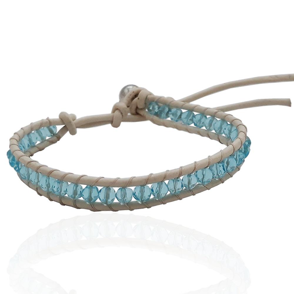 Bracciale uomo con sfere in cristallo da 4 mm su cuoio bianco tessute con filo di seta cm 22