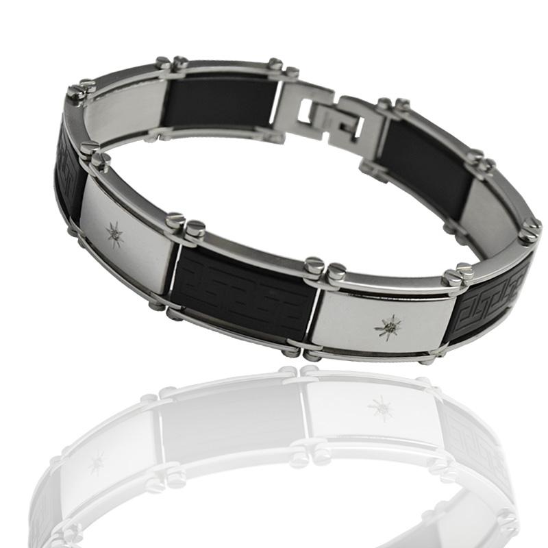Bracciale uomo in acciaio mm 15 con inserti in caucciu e con diamanti naturali ct. 0,02