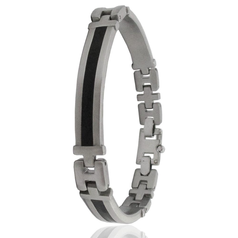 Bracciale per uomo in acciaio satinato con 3 targhe mm 40x8 da personalizzare con linea nera centrale - personalizzabile -