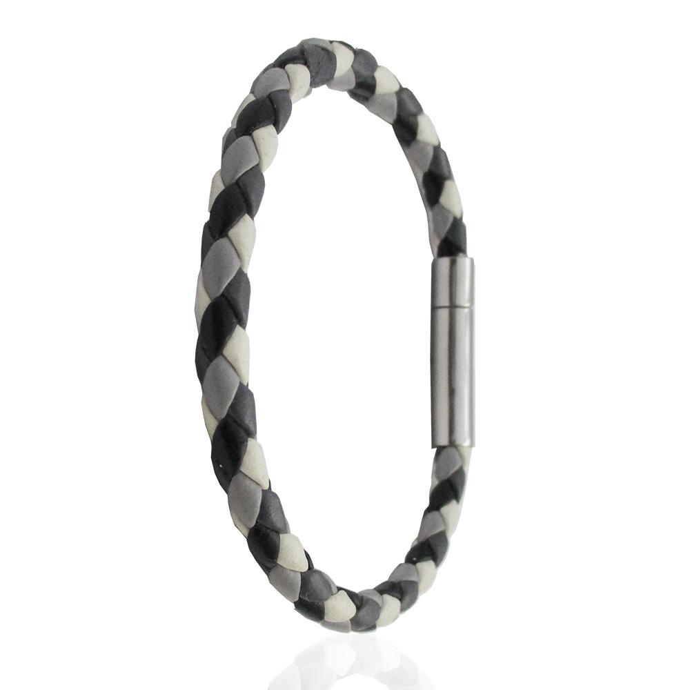 Bracciale uomo mm 5 in pelle intrecciata nero-bianco-grigio con chiusura in acciaio