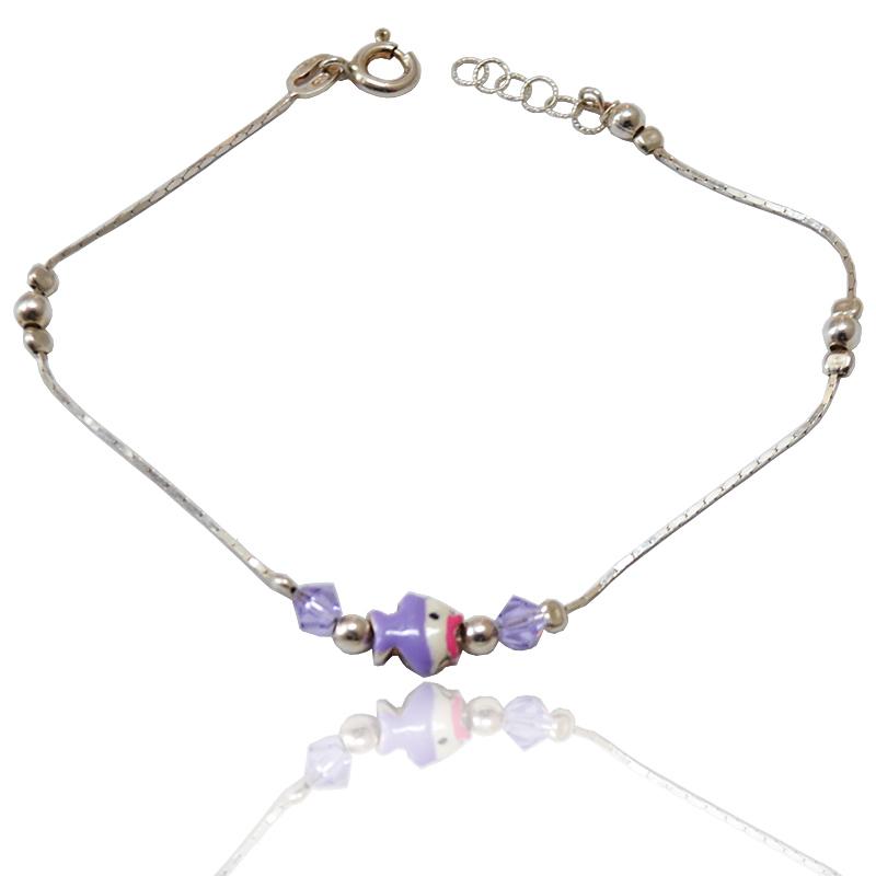 Braccialetto baby in argento 925 con pesciolino smaltato e cristalli swarovski fucsia