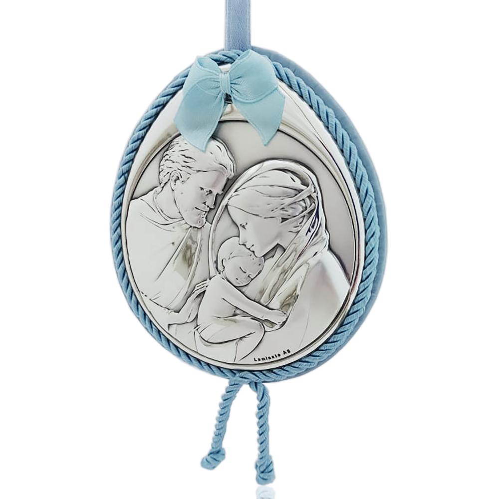 Capoculla medaglione celeste a goccia sacra famiglia cm 10x9 laminata argento