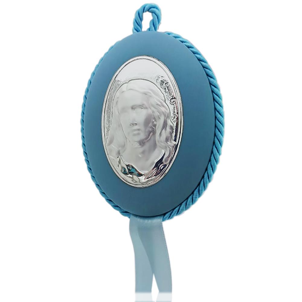 Capoculla medaglione ovale celeste cm 12x9 volto di gesu' laminato argento