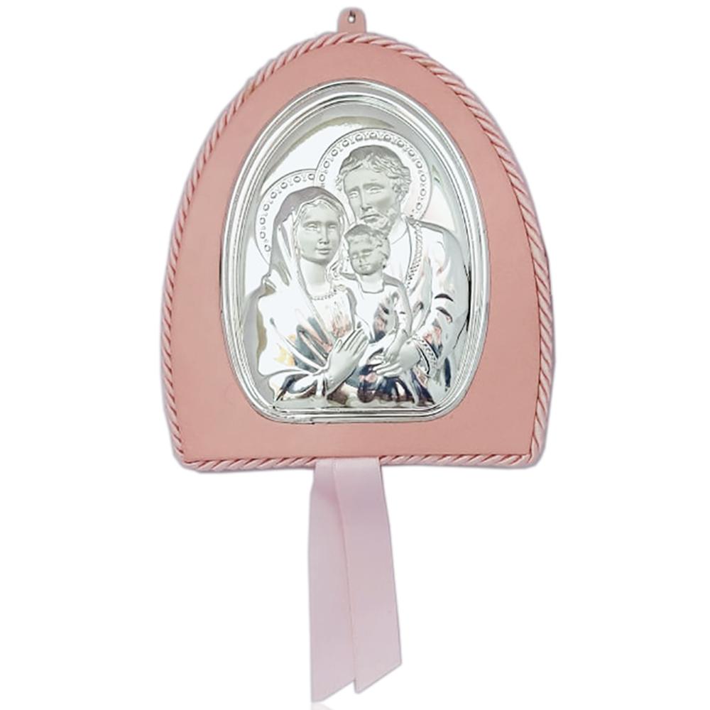 Capoculla medaglione rosa cm 15x13 sacra famiglia in pelle e argento