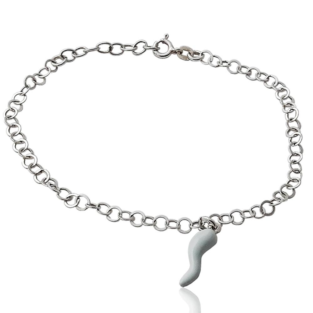Cavigliera rolo' a cerchio schiacciato in argento 925 con charm corno argento smaltato cm 24,5