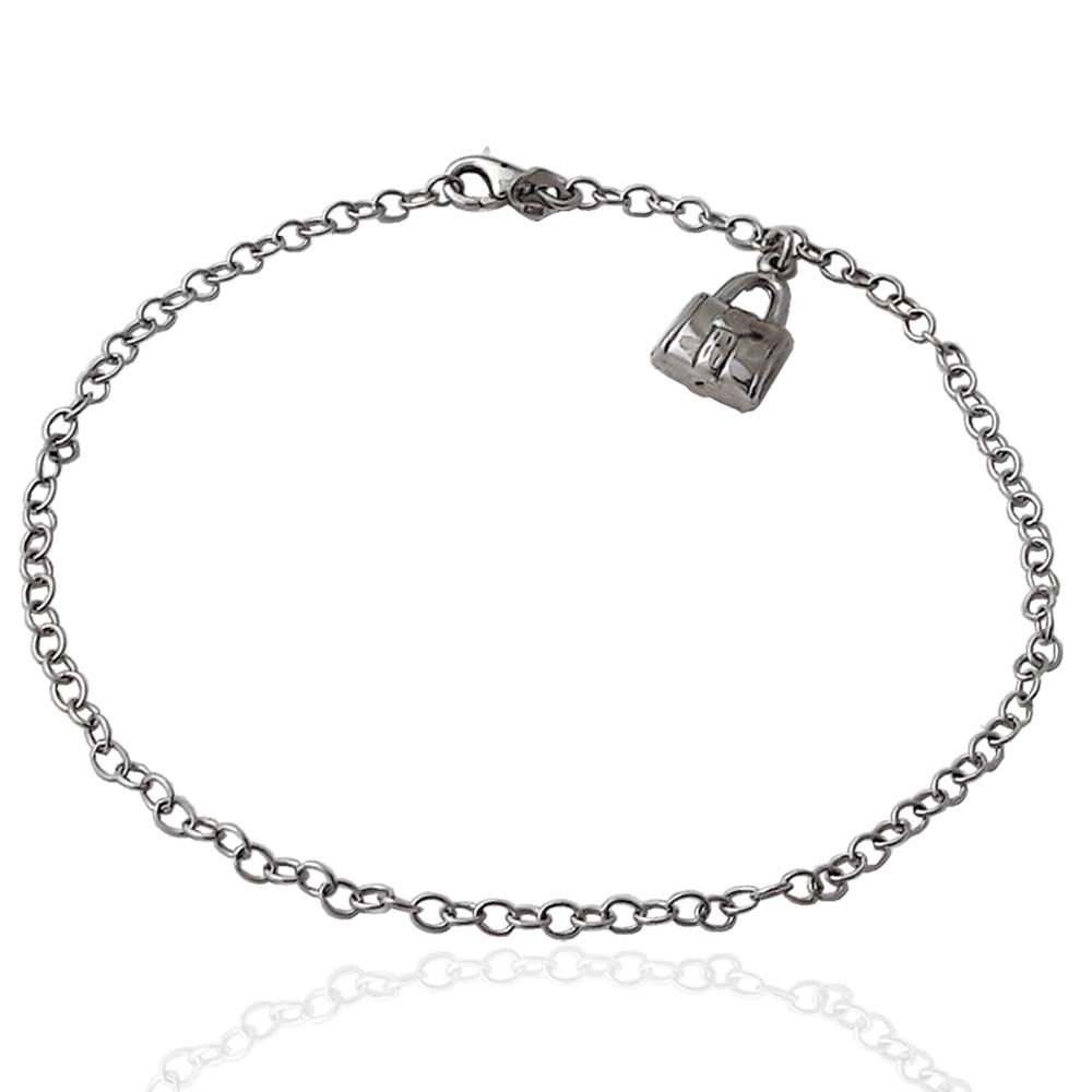Cavigliera rolo' in argento 925 rodiato con charms borsa cm 26