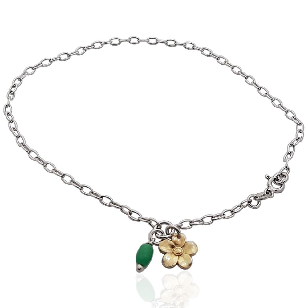 Cavigliera rolo' ovale cm 26 in argento 925 rodiato con ciondolo margherita placcato oro e pietra verde