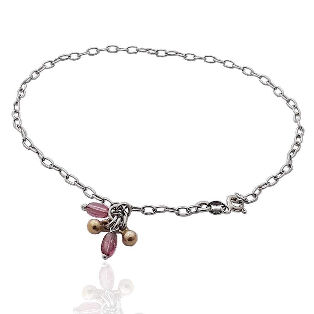 Cavigliera rolo' ovale cm 26 in argento 925 rodiato con ciondoli charms placcato oro e pietra viola