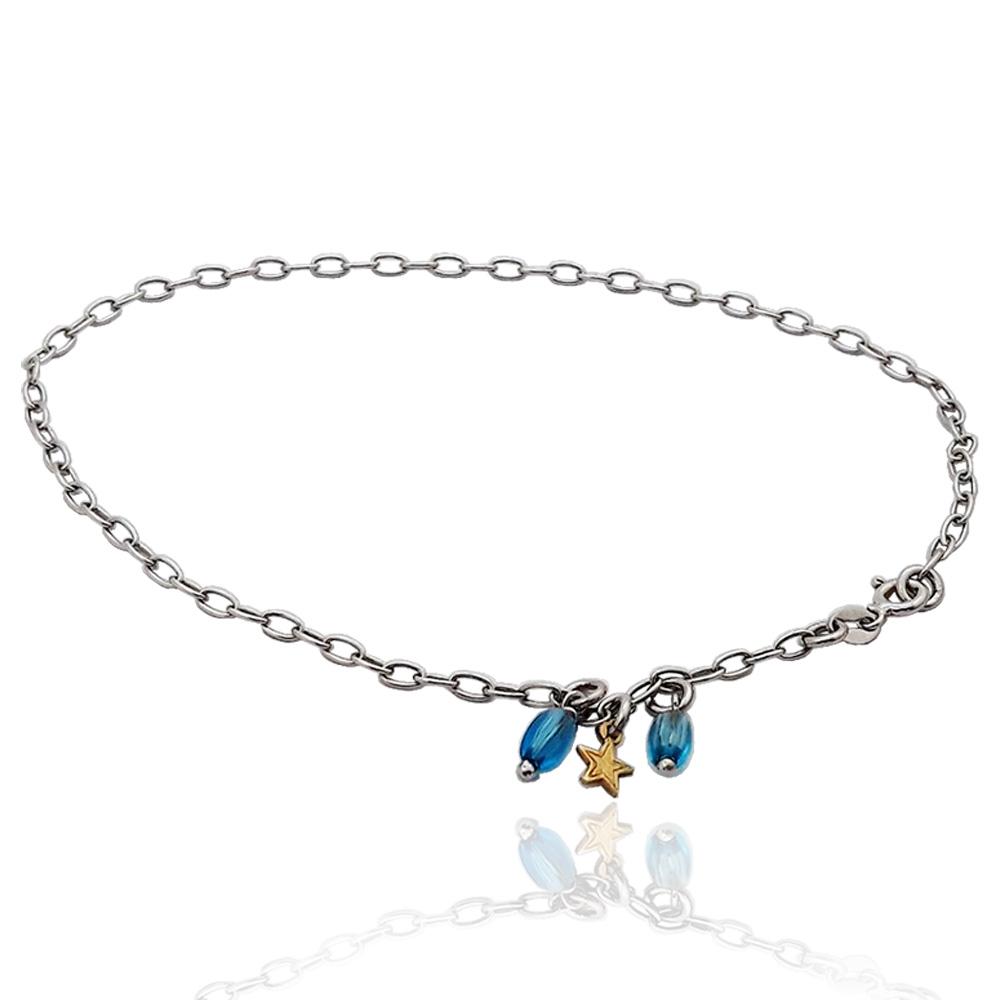 Cavigliera rolo' ovale cm 26 in argento 925 rodiato con ciondolo stella placcato oro e pietra azzurra