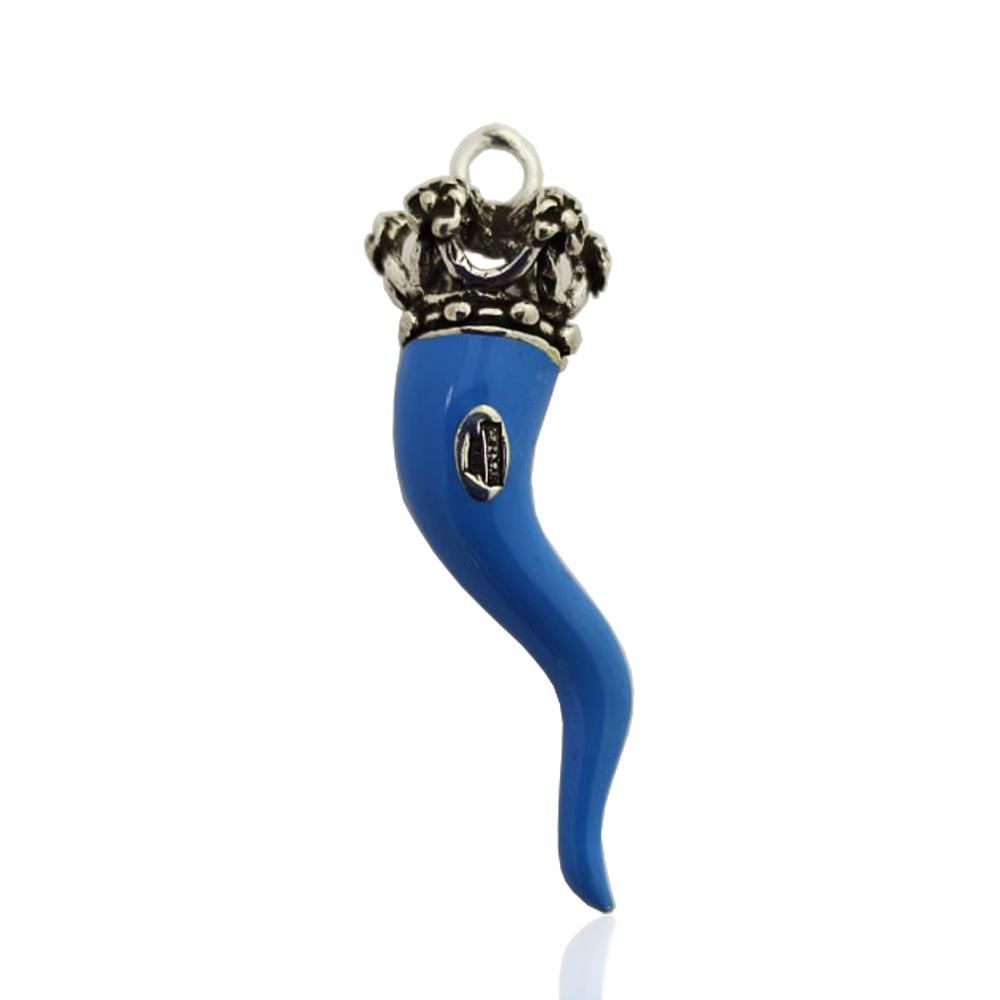 Ciondolo corno mm 38 con corona traforata in argento microfuso brunito titolo 800 e smalto azzurro