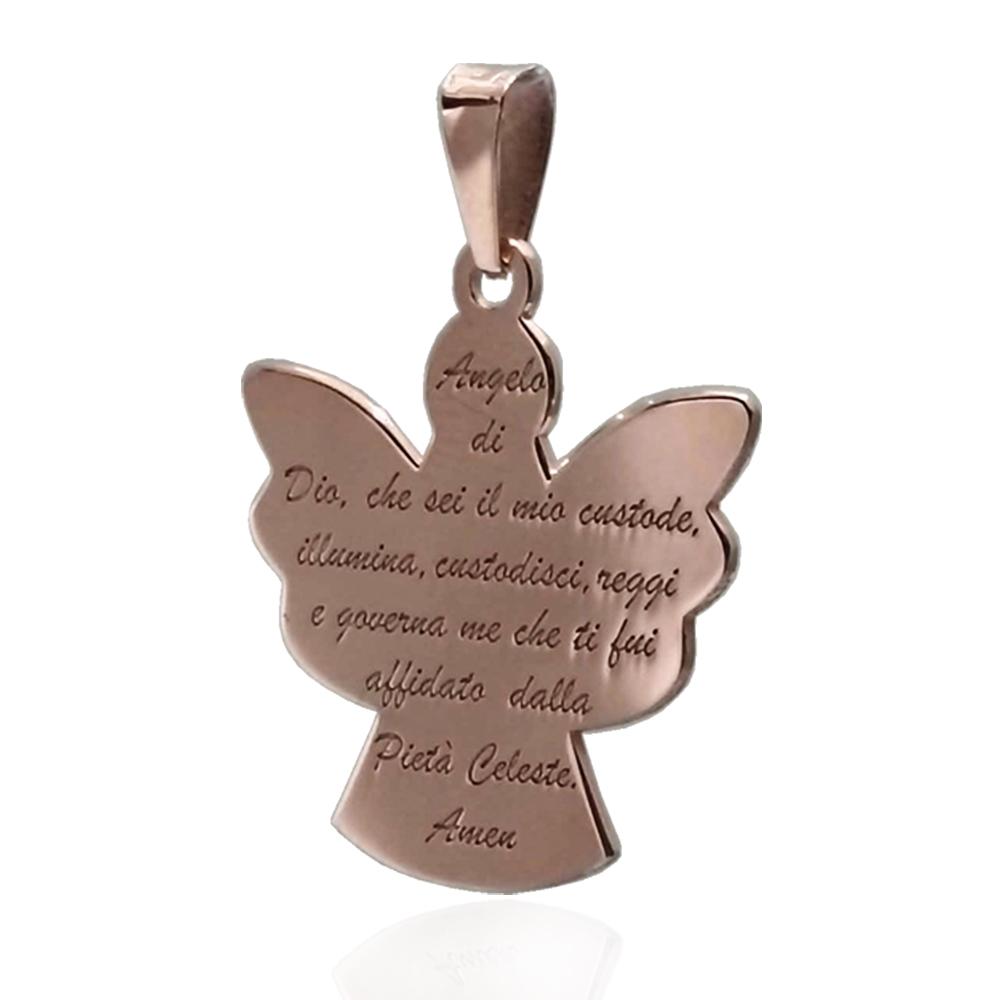Ciondolo angelo di dio mm 25x24 con preghiera incisa in argento 925 placcato oro rosa