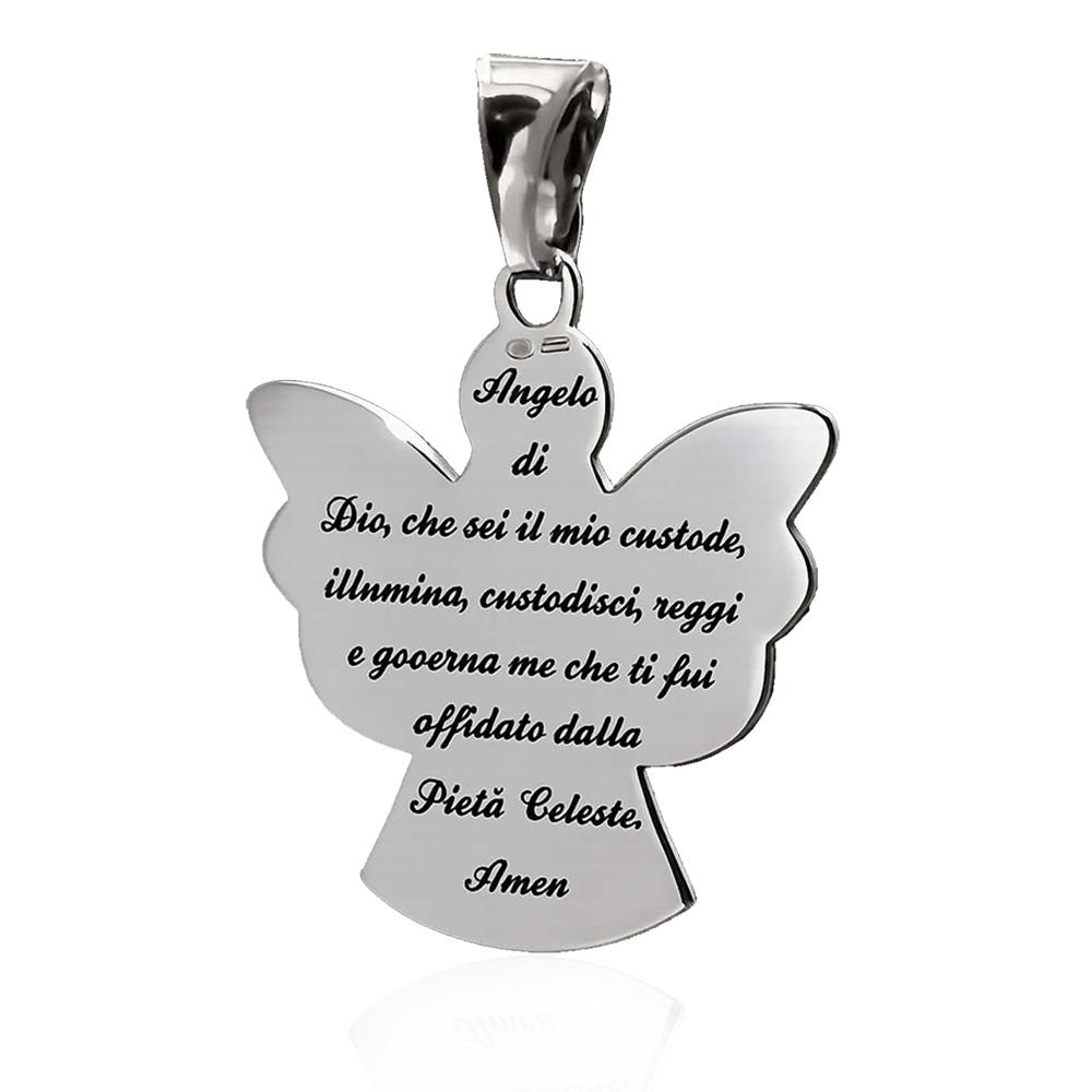 Ciondolo angelo di dio mm 25x24 con preghiera incisa in argento 925 rodiato