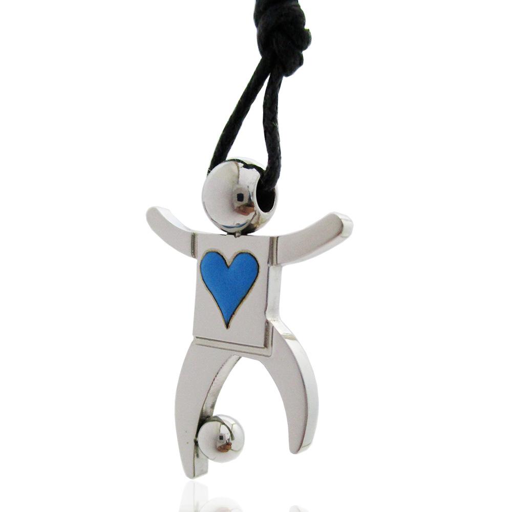 Ciondolo in acciaio lucido con smalto calciatore con cuore azzurro mm 27x19