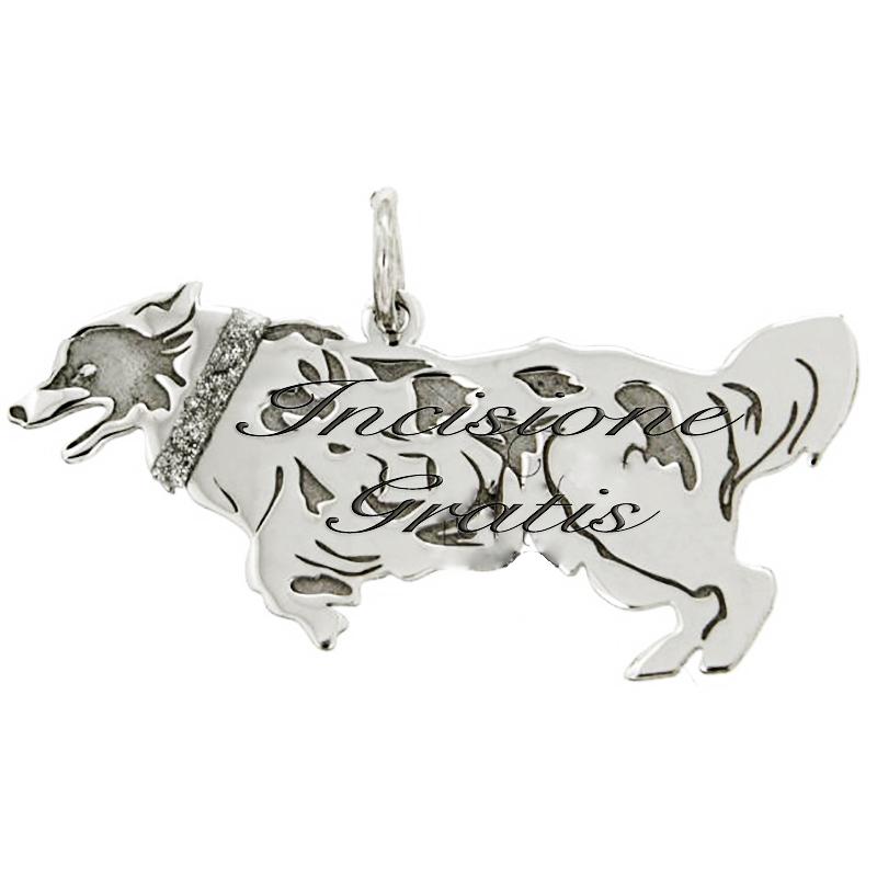 Ciondolo cane australian shepherd maculato in argento 925 rodiato - incisione gratis -