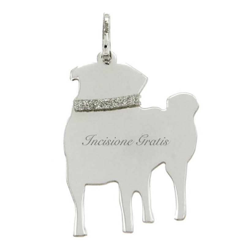 Ciondolo cane carlino mm 28x18 in argento 925 rodiato incisione gratis