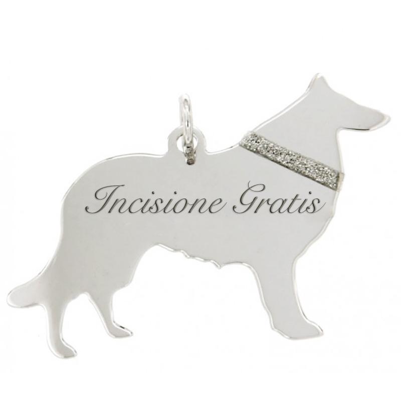 Ciondolo cane collie mm 27x35 in argento 925 rodiato con incisione gratis