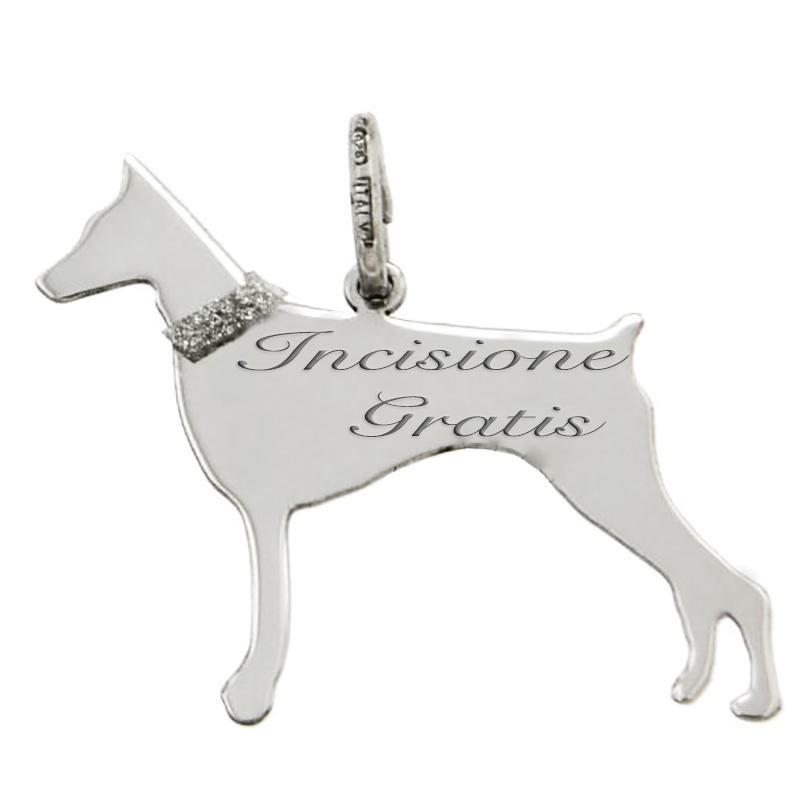 Ciondolo cane doberman mm 36x30 in argento 925 rodiato -incisione gratis-